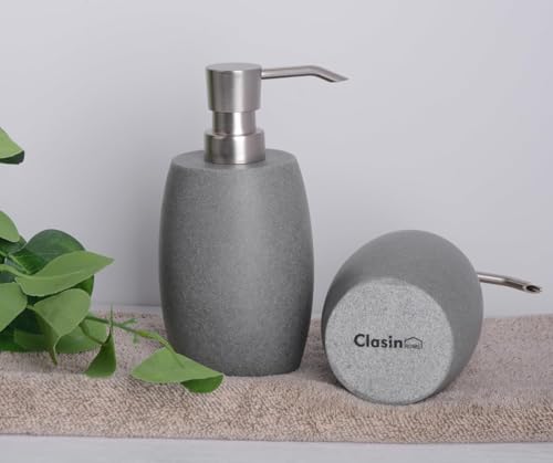 Sandstone Textured Resin Soap Dispenser with Metallic Pump and Waterproof Bottle Labels for Bathroom Kitchen Dish Hand Wash Shower Lotion Shampoo (Dark Gray_2 Pcs)