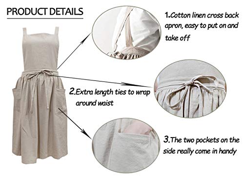 Women Girls Vintage Apron Adjustable Gardening Works Cross Back Cotton (Beige / One Size)