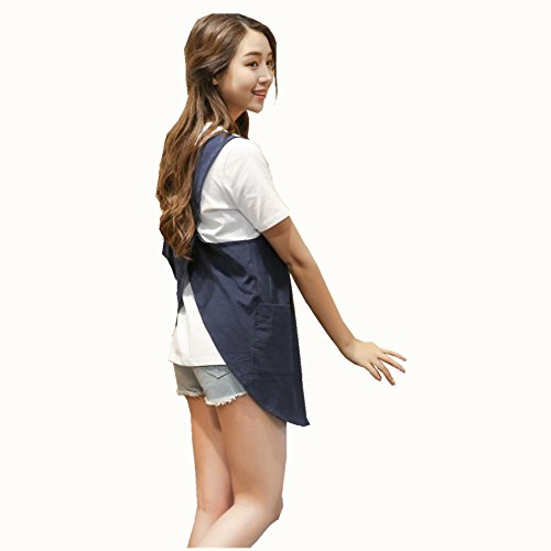 Soft Cotton Linen Apron Solid Color Halter Cross Bandage Japanese Style X Shape Double Pockets Round Skirt Kitchen Cooking Chef Summer Fit Navy Blue (Navy Blue)
