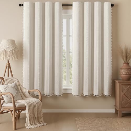 Ivory 100% Boho Blackout Curtains 63 Inch 2 Panels with Tassels (Ivory White / 52"W x 63"L (Pack of 2))