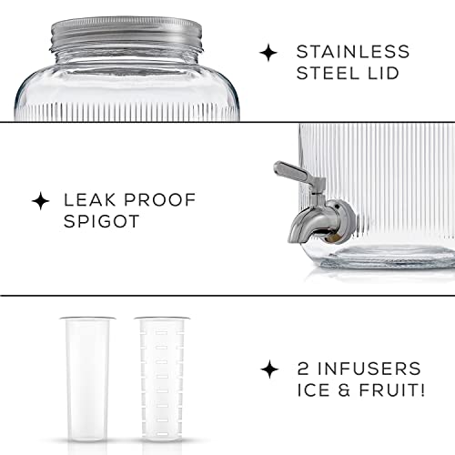Fluted 1 Gallon Drink Dispenser. Glass Beverage Dispenser with Stainless steel Spigot plus Ice Cylinder and Fruit Infuser! Water Dispenser