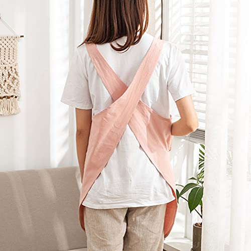 Cotton Cross Back Aprons Solid Color Cooking Kitchen Garden Smock for Women Girls with Pockets (Pink / 37W x 32L)