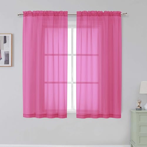 Rod Pocket Top Solid Voile Sheer Curtains for Bedroom (Hot Pink / 42"W x 54"L (Pack of 2))
