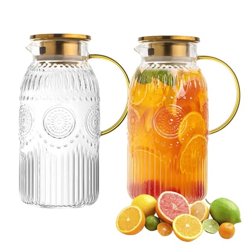 Glass Pitcher with Lid 68oz 2L Vintage Water Carafe Beverage 2Pack (68 Ounces (2 Pack))