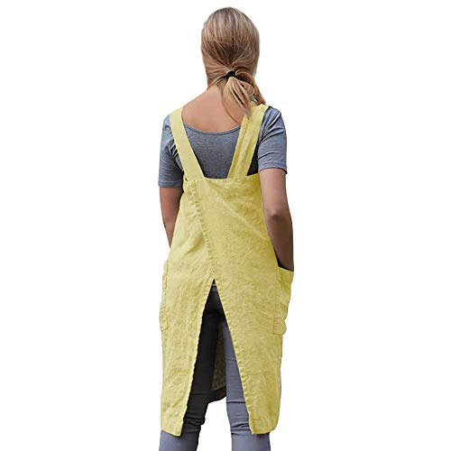 Women's Pinafore Square Apron Baking Cooking Gardening Works Cross Back Cotton (Large / Y-yellow)