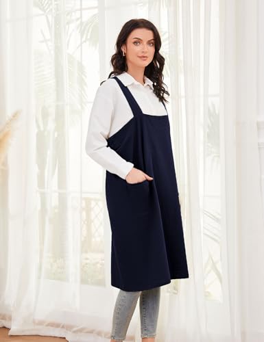 Women's Cotton Cross Back Pinafore with Big Pockets Practical Aprons for Gardening Works (Small / Navy)