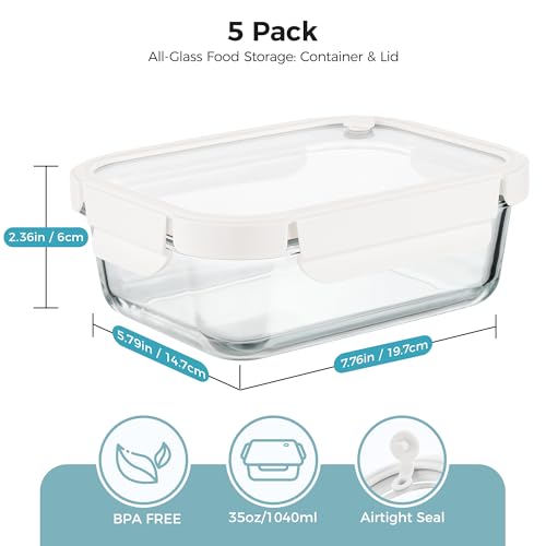 5 Pack Glass Food Storage Containers with Glass Lids & Air Vent (White / 35oz)
