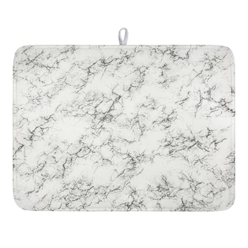 White Grey Marble Dish Drying Mat for Kitchen Counter Modern Marble Pattern Microfiber Dish Drainer Mat Absorbent Washable Drying Pad Extra Large 18"x24" (Marble White Grey / 24" x 18")