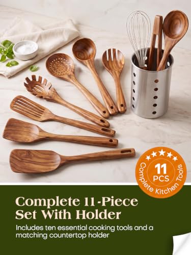 11 Piece Natural Teak Wood Kitchen Utensil Set with Holder
