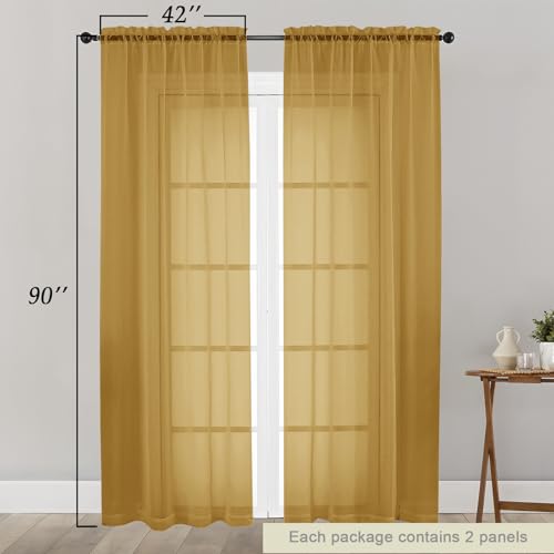 Sheer Gold Curtains for Bedroom Living Room 90 Inches Long 2 Panels Set (Gold / 42"W x 90"L (Pack of 2))