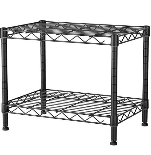 Small Shelves Kitchen Storage Shelf Wire Shelving Metal Adjustable (Black / 2 Tier 11.6"Dx17.6"Wx12"H)