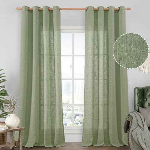 95 Inch Length Living Room Linen Curtains for Bedroom 2 Panels (52"W x 95"L (Pack of 2) / Sage Green)
