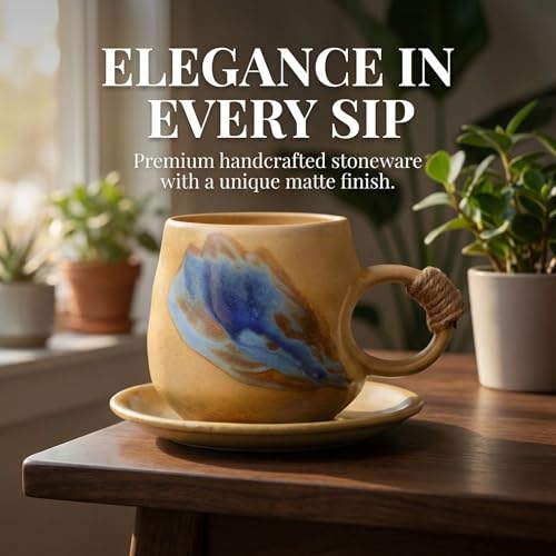 Little handmade ceramic pottery tea cup with saucer (Light Brown)