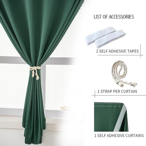 Blackout Curtains for Bedroom Stick On Curtains Window Shades Pull Down Blackout Window Cover No Drillng Self Adhesive Curtains No Rod Small Curtain 47" W X 79" L (47"W x 79"L (Pack of 1) / Dark Green)