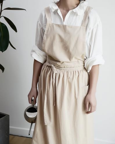 Japanese Cotton Linen Cross Back Work Apron for Women with Pockets Pinafore Dress Smock (01-beige)