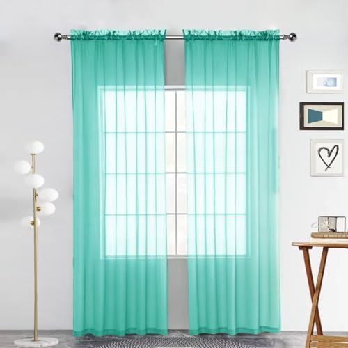 Sheer Voile Window Treatment Rod Pocket Curtain Panels for Kitchen Bedroom Living Room Drapes Sunlight Filtering Privacy Semi Home Decor Assorted Colors Sizes (Turquoise / 52"W x 84"L (Pack of 2))