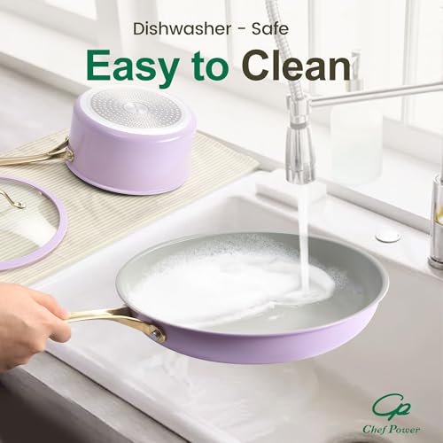 Ceramic Frying Pan with Stainless Steel handle 5Pcs Set (Light Purple)
