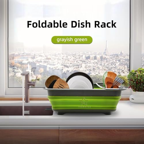 Collapsible Dish Drying Rack for RV Campers Portable Dinnerware Drainer Organizer for Kitchen Travel Trailer (Square Green)