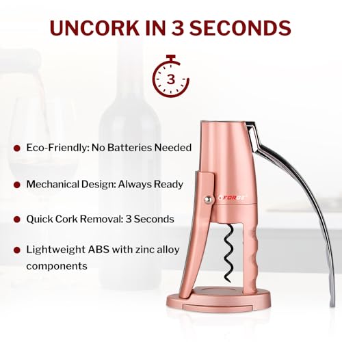Quality Compact Vertical Lever Corkscrew Wine Opener with Foil Cutter. 3 Seconds to Open a Bottle of Wine. Pink (Pink)