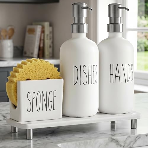 Kitchen Soap Dispenser Set Comes with Ceramics Sponge Holder (Silver + White + Sponge Holder)