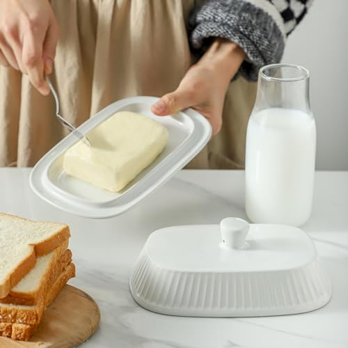 Hansense Porcelain Butter Dish with Lid for Countertop (Pure White)