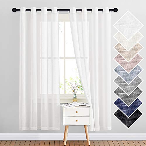 White Sheer Linen Curtains Flax Texture for Bedroom (52"W x 72"L (Pack of 2) / White)
