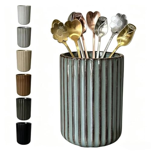 Stoneware Coffee Bar Utensil Holder Tea & Coffee Spoon & Stirrer Holder for Stir Stick Straw Teaspoon Holder Espresso Spoon Cup Small Utensil Jar Fluted Vertical Stripe (Concrete Grey)