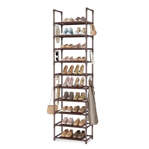 10 Tiers Tall Shoe Rack Holds 20 (Brown / 17" Wide - 10 Tier)