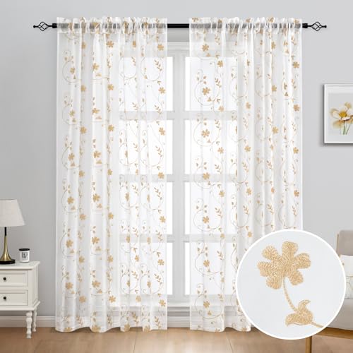 Yellow Sheer Curtains 84 Inches Long 2 Panels Yellow and White Embroidered Floral Pattern Semi Sheer Window Curtains for Bedroom Living Room (52"W x 84"L (Pack of 2) / White & Yellow)
