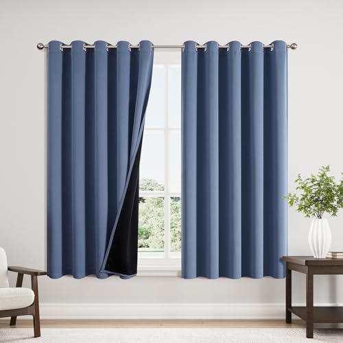 100% Blackout Curtains for Bedroom 63 Inches Long 2 Panels Set (60"W x 63"L (Pack of 2) / Stone Blue)