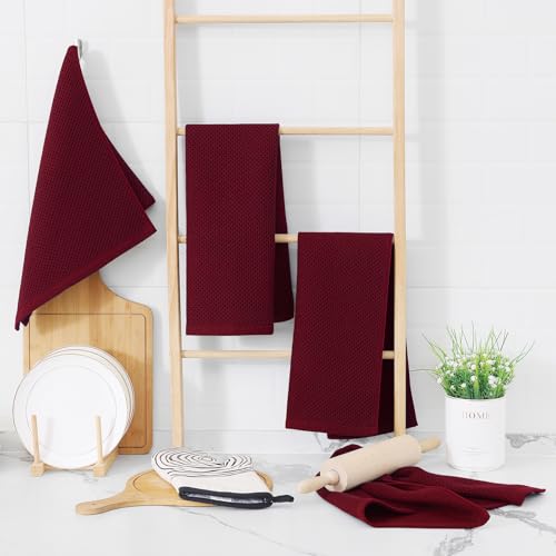 100% Cotton Waffle Weave Kitchen Dish Towels 4 (Burgundy / 13 X 28 - 4 Pack)