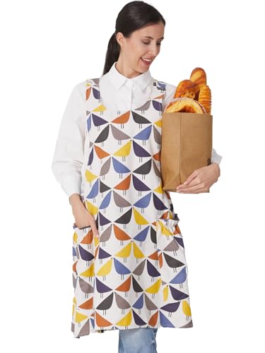 Cozy Adjustable Cross Back Aprons for Women with Pockets Cotton Linen Cooking Kitchen Baking Birds (Birds)