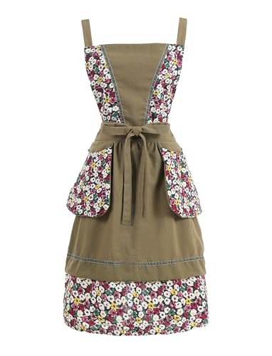 Kitchen Aprons for Women with Pockets Cute Floral Chef Pinafore Apron for Gardening Cooking Baking Painting (Army Green)