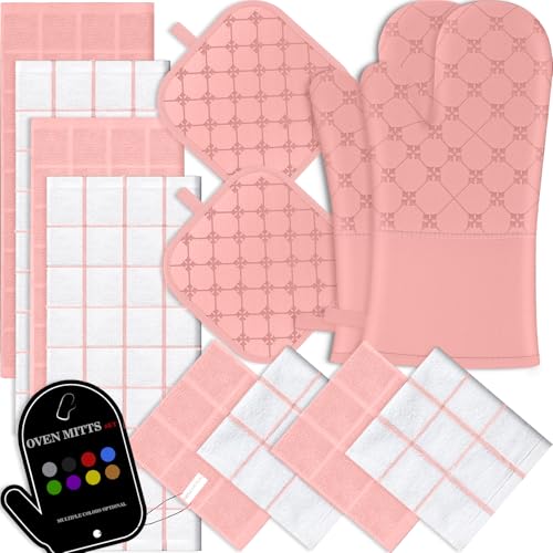 Oven Mitts Kitchen Towels Dishcloths with Pot Holders Sets 12PCS (Pink)