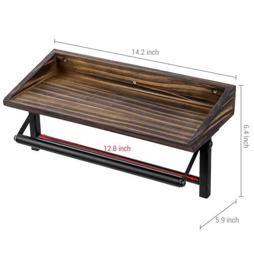 Black Metal Paper Towel Holder Wall Rack with Rustic Wood Shelf (Matte Black Metal Paper)