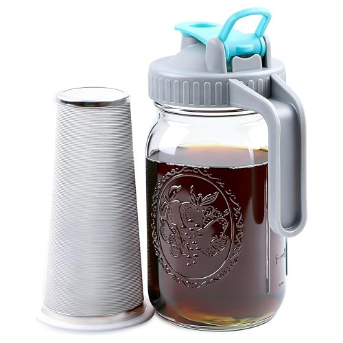 Mason Jar Cold Brew Coffee Maker 32 Oz Wide Mouth Cold Brew Pitcher 1 Quart Airtight & Leakproof Mason Jar Pitcher With Stainless Steel Fine Mesh Filter For Coffee (32 OZ Cold Brew Coffee Maker Blue)