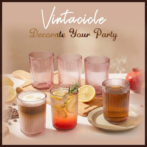 Pink Ribbed Highball Glasses Set of 6 (6pcs-Pink-13.2oz)