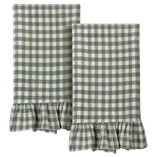 2 Pcs Sage Green Gingham Kitchen Towels Cotton Ruffled (Sage Green / Gingham)