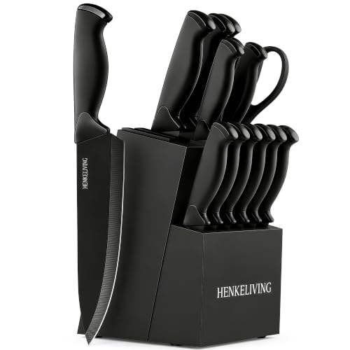 14 Piece Black Kitchen Knife Block Set with Built (Black)
