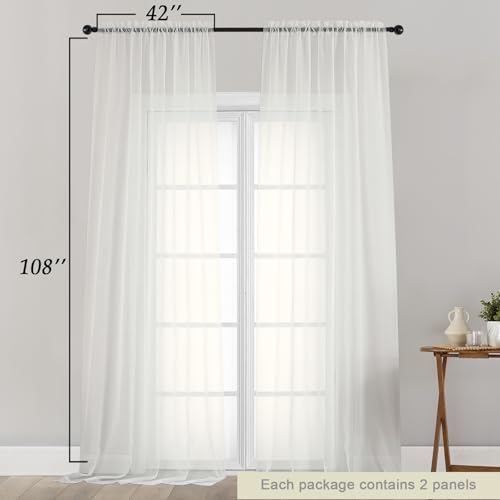 Extra Long Sheer Ivory Curtains for Bedroom Living Room 108 Inches Long 2 Panels Set (Ivory / 42"W x 108"L (Pack of 2))