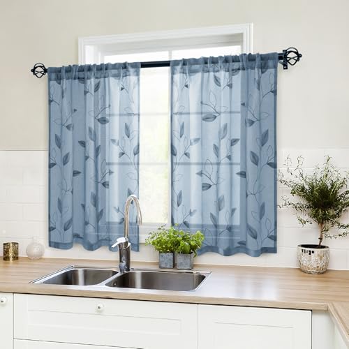 Stone Blue Kitchen Tier Curtains Leaf Embroidered (30"W x 36"L (Pack of 2) / Stone Blue)