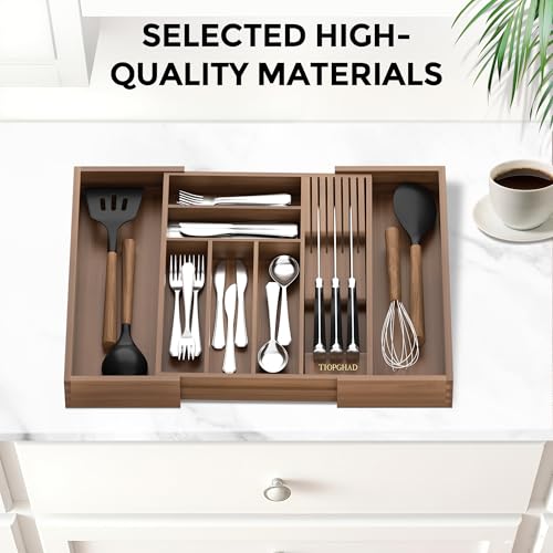 Expandable Bamboo Silverware Organizer with Knife Block (Brown / Large)