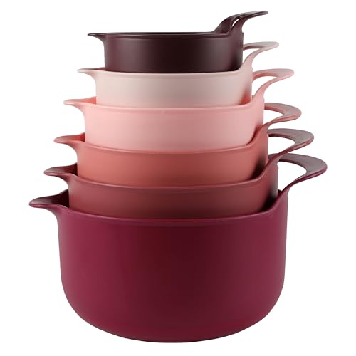 Nesting Plastic Mixing Bowl Set with Pour Spouts and Handles (Rose / 6 Piece Non-Slip)