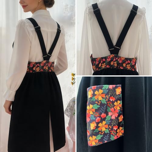 Cotton Linen Apron Cross Back Apron for Women with Pockets Pinafore Dress (Floral Black)