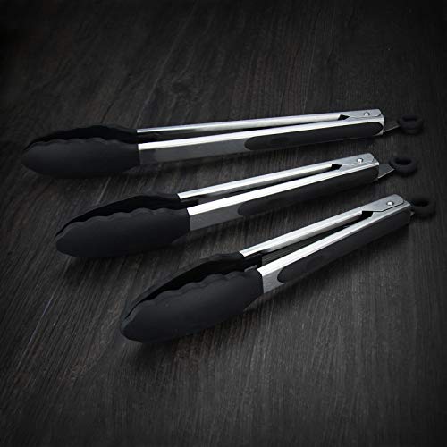 3 Pack Silicone Kitchen Tongs (Black)
