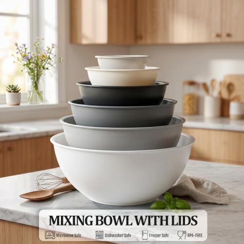 BPA Free Plastic Round Mixing Bowl with Lids (White)