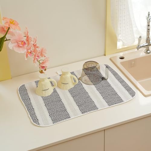 Boho Black Dish Drying Mat 18 x 24 inch Modern Geometry Polka Dot Striped Decorative Drying Mats Microfiber Absorbent Dish Washable Draining Mat for Kitchen Counter Decor (18" x 18" / Black Striped)