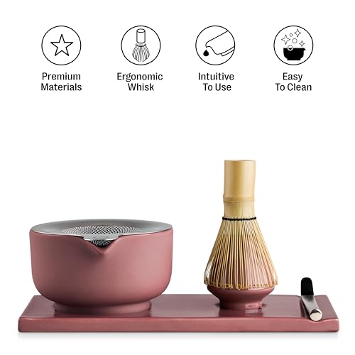 Matcha Set, 6-Piece Ceramic Matcha Bowl Kit with Display Tray (Desert Rose)