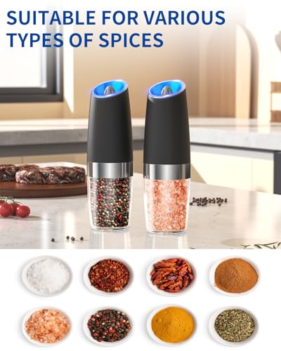 Gravity Electric Pepper Grinder Salt Grinder Pepper Griner Mill Electric with LED Light (Black-Unit 1-Battery)