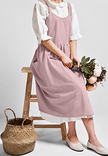 Japanese Cotton Cross Back Smock Apron for Women with Pockets Pink (05 - Pink Without Waist Ties)